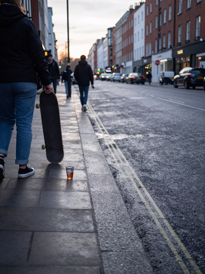 Early Evening Dublin Street Scene with Skateboard and Tea Tin in in Dublin, Ireland