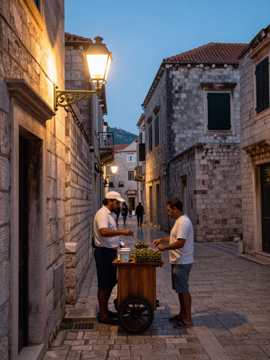 Early Evening Dubrovnik Street Scene with Hurricane Lamp and Olive Wood Spoon in in Dubrovnik, Croatia