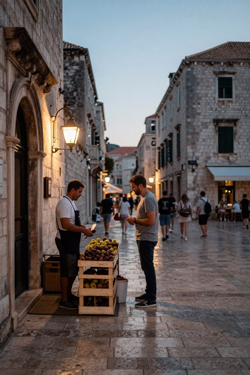 Early Evening Dubrovnik Street Scene with Local Interaction and Traditional Elements in in Dubrovnik, Croatia