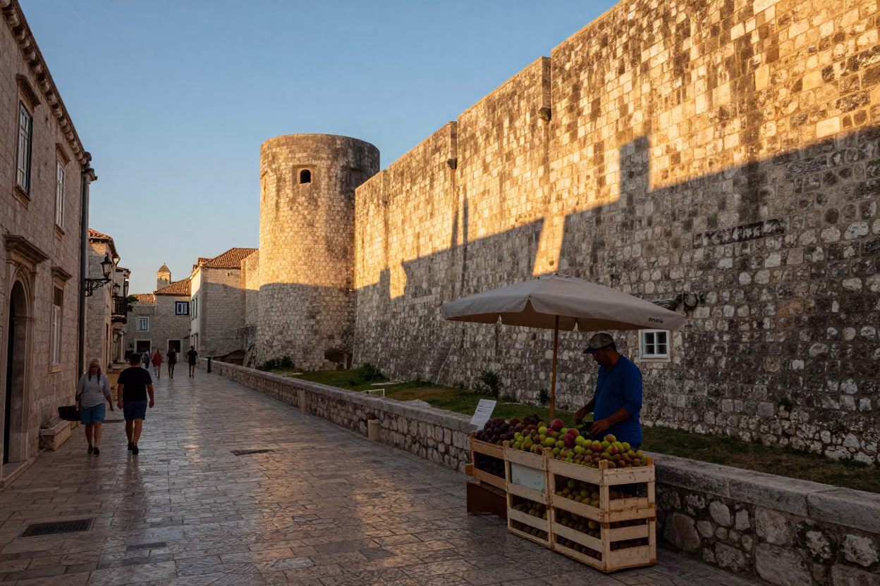 Early Evening Dubrovnik Street Scene with Stone Walls and Local Life in in Dubrovnik, Croatia
