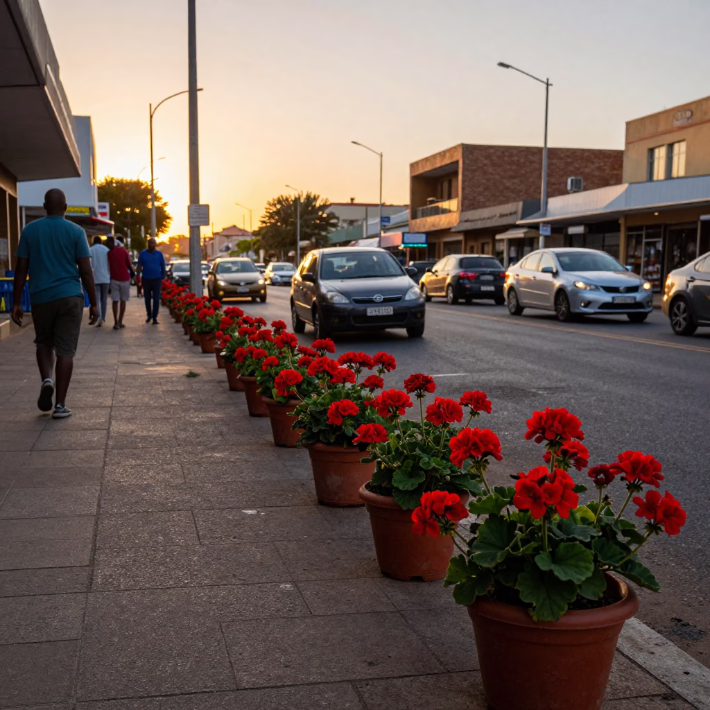 Early Evening Durban Street Scene with Potted Geraniums and Local Market Activity in in Durban, South Africa