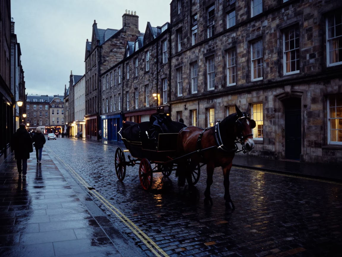 Early Evening Edinburgh Street Scene with Horse-Drawn Cart and Cobblestones in in Edinburgh, United Kingdom