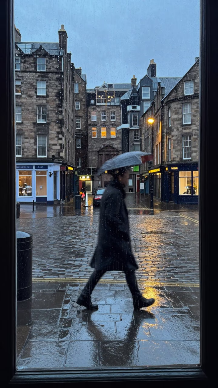 Early Evening Edinburgh Street Scene with Rain on Window and Urban Atmosphere in in Edinburgh, United Kingdom