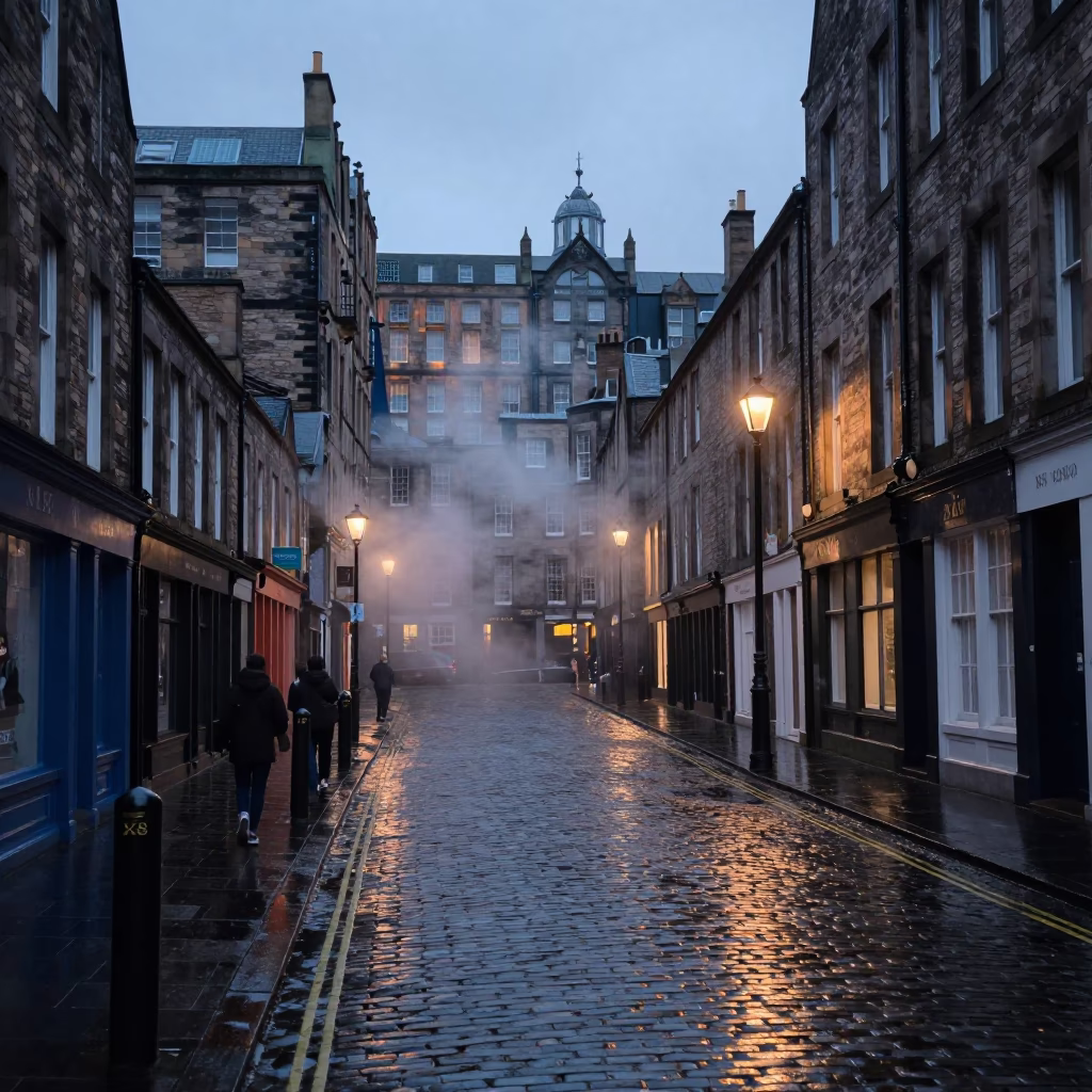 Early Evening Edinburgh Street Scene with Steam Haze and Cobblestones in in Edinburgh, United Kingdom