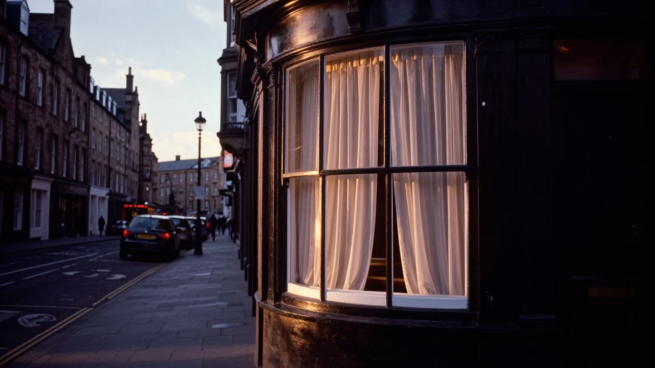 Early Evening Edinburgh Street Scene with Window Curtains and Local Life in in Edinburgh, United Kingdom