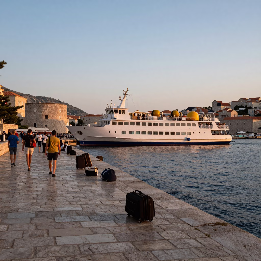 Early Evening Ferry Dock Scene in Dubrovnik Croatia with Passengers and Bicycles in in Dubrovnik, Croatia