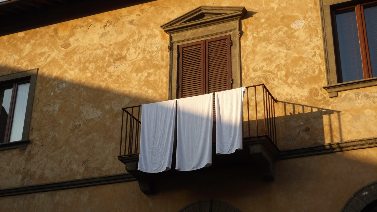 Early Evening Florence Italy Sunlight Striking Historic Building Facade with Drying Laundry in in Florence, Italy