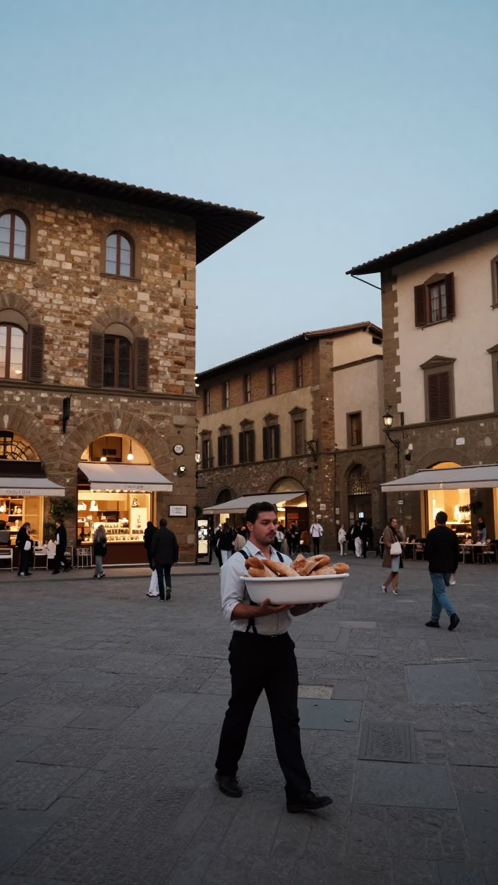 Early Evening Florence Street Scene with Traditional Stone Architecture and Local Dining in in Florence, Italy