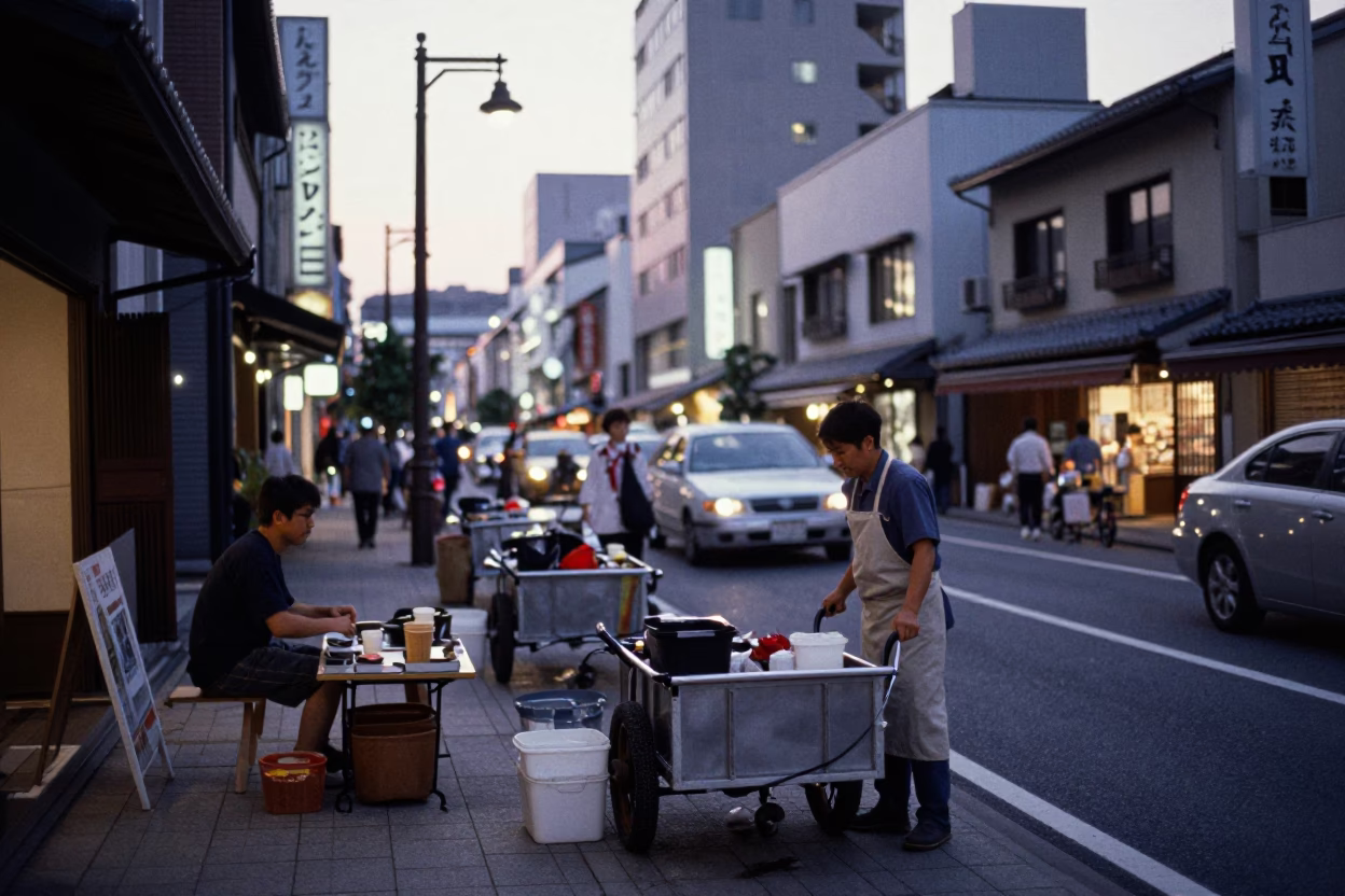 Early Evening Fukuoka Street Scene with Rolling Carts and Local Commerce in in Fukuoka, Japan