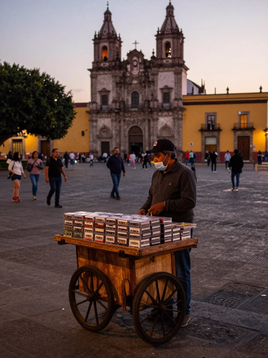 Early Evening Guadalajara Street Scene with Cassette Tapes and Urban Life in in Guadalajara, Mexico