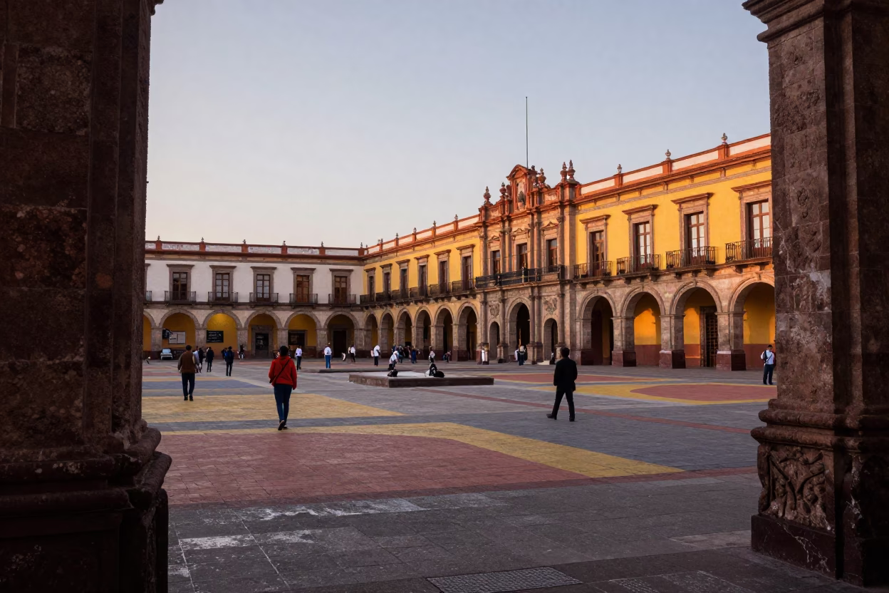 Early Evening Guadalajara Street Scene with Colorful Plaza and Traditional Details in in Guadalajara, Mexico