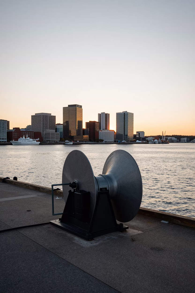 Early Evening Halifax Waterfront with Hydrophone Winch and Golden Harbor Light in in Halifax, Nova Scotia, Canada