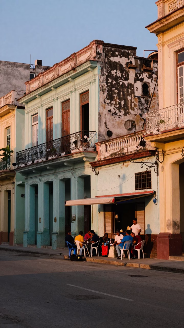 Early Evening Havana Cuba Street Scene with Weathered Facades and Local Life in in Havana, Cuba
