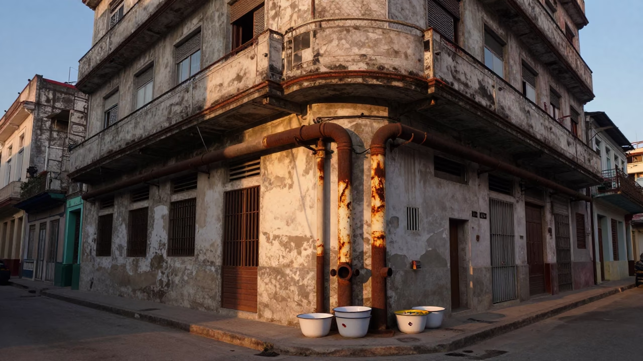 Early Evening Havana Street Scene with Enamel Bowls and District Heating Pipes in in Havana, Cuba
