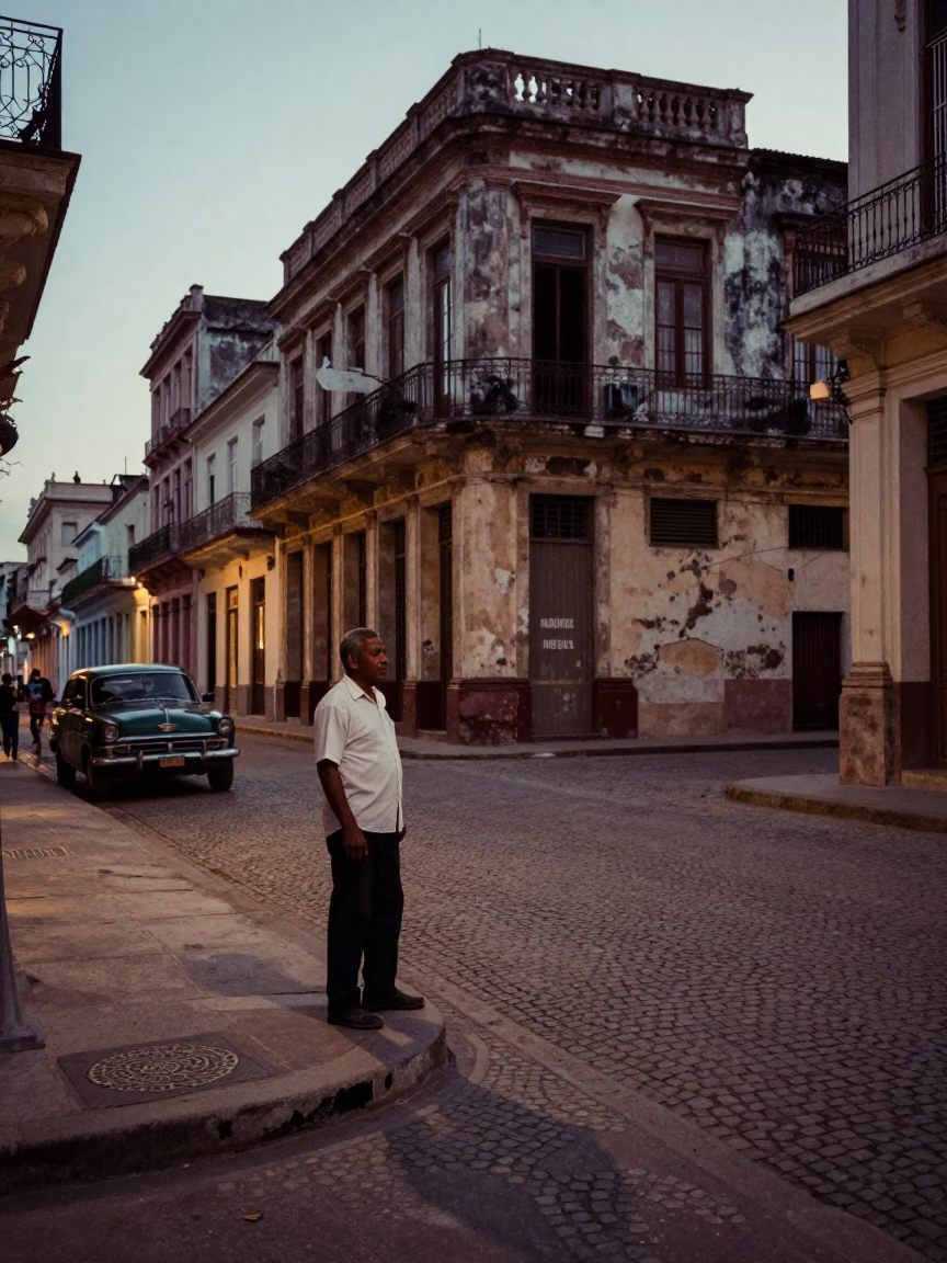 Early Evening Havana Street Scene with Local Man and Vintage Details in in Havana, Cuba