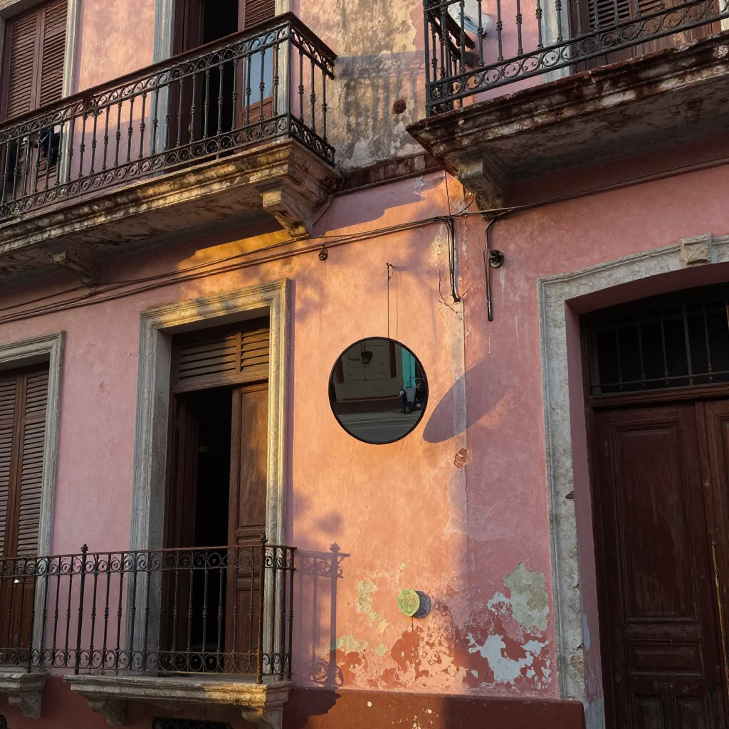 Early Evening Havana Street Scene with Sunlight on Mirror and Stair Rail in in Havana, Cuba