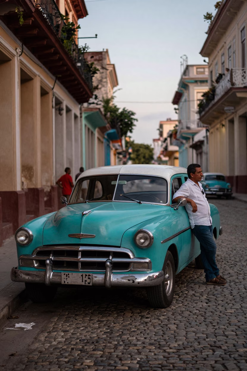 Early Evening Havana Street Scene with Vintage Car and Local Life in in Havana, Cuba