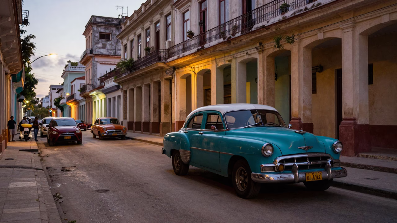 Early Evening Havana Street Scene with Vintage Car and Sunlight Stripes on Plaster Walls in in Havana, Cuba