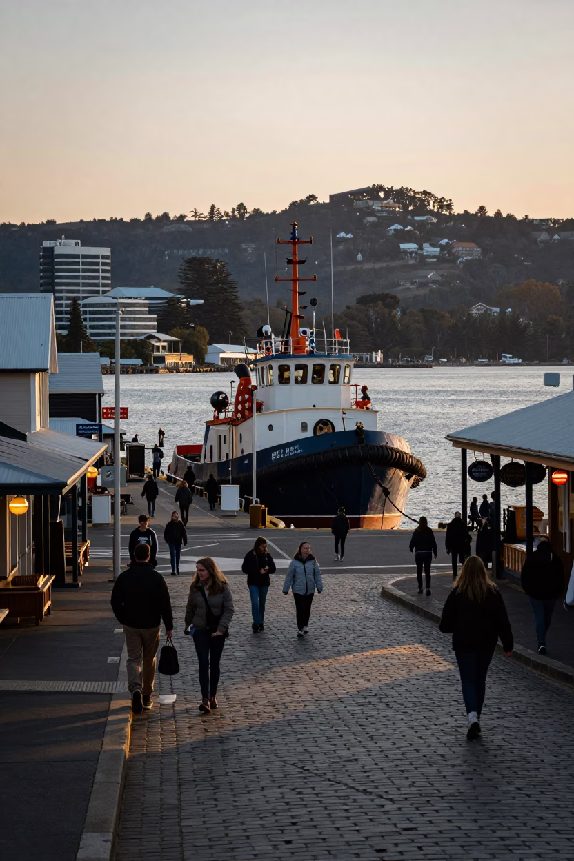 Early Evening Hobart Street Scene with Tugboat in Harbor and Local Life in in Hobart, Tasmania, Australia
