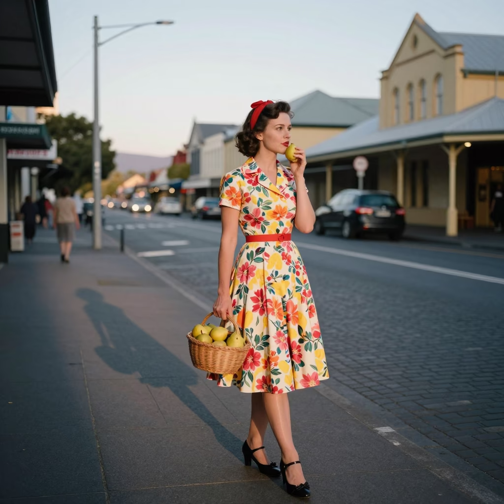 Early Evening Hobart Street Scene with Vintage 1950s Fashion and Colorful Elements in in Hobart, Tasmania, Australia
