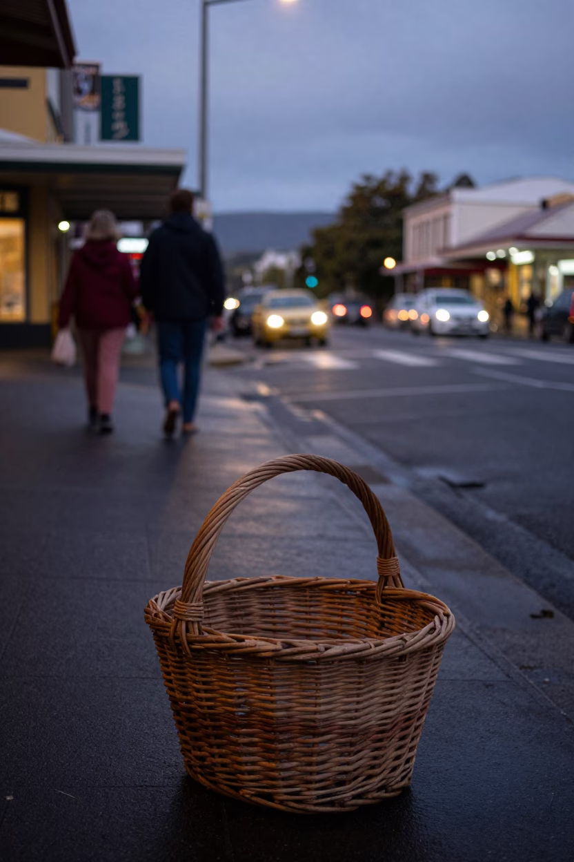 Early Evening Hobart Street Scene with Wicker Basket and Storm Drain Outfall in in Hobart, Tasmania, Australia