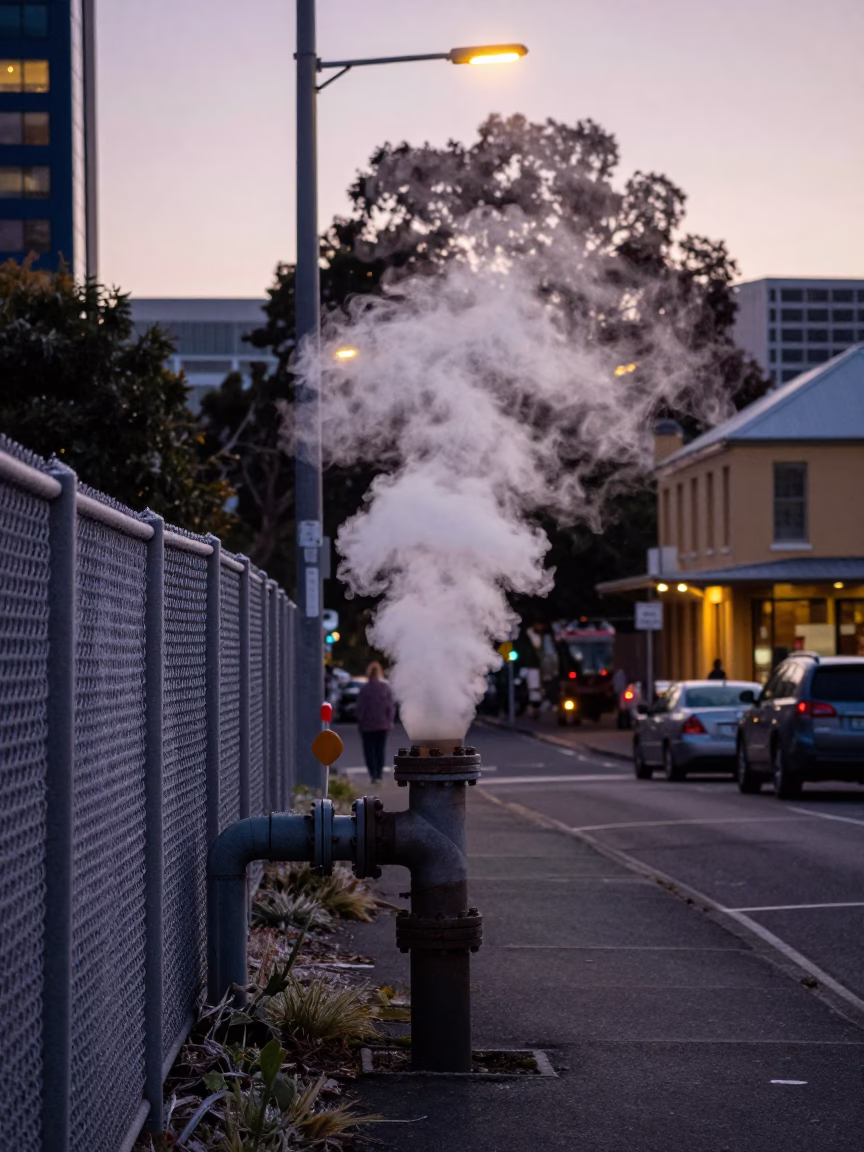 Early Evening Hobart Tasmania Street Scene with Steaming District Heating Pipes and Frost in in Hobart, Tasmania, Australia