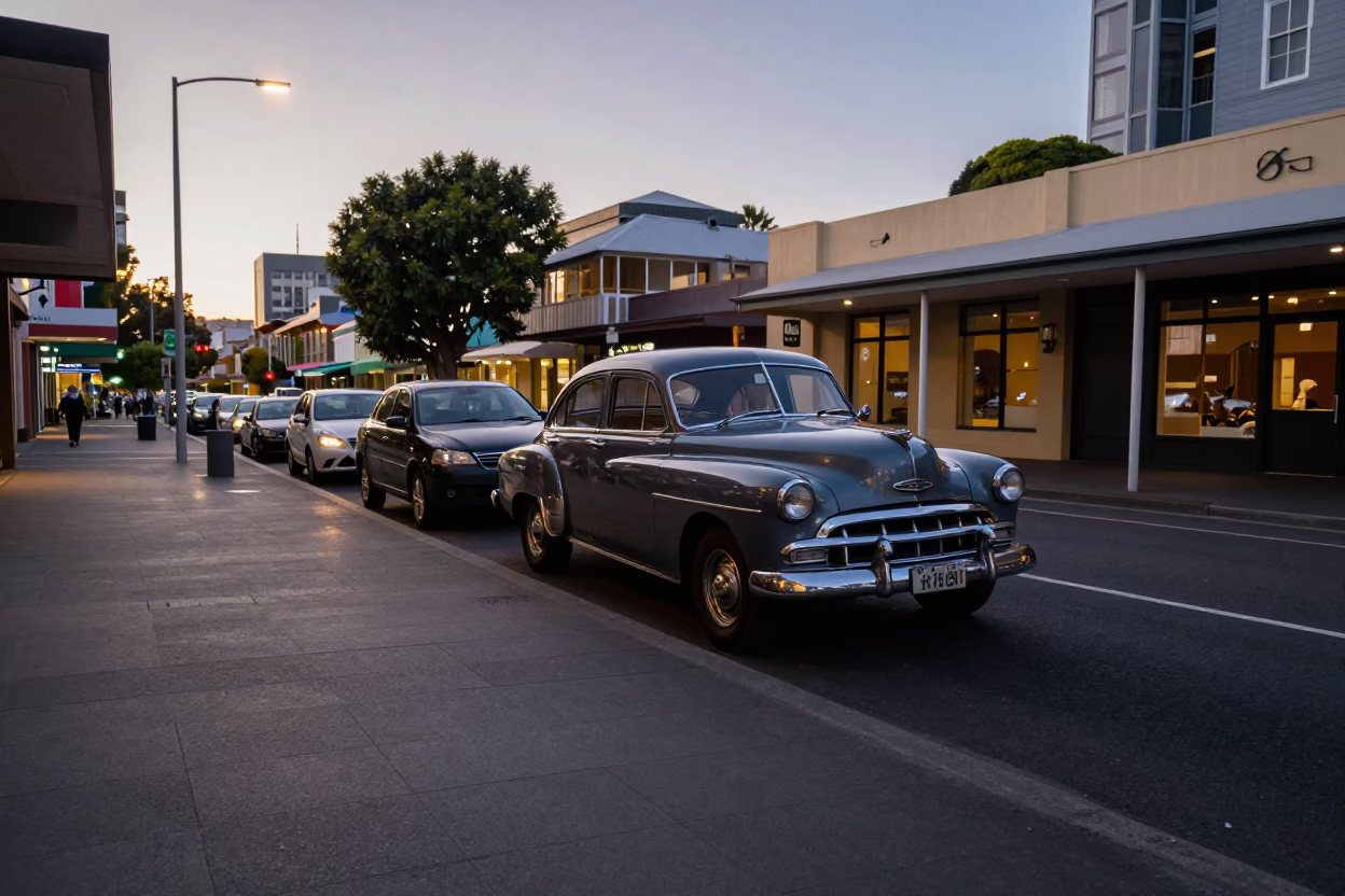 Early Evening Hobart Tasmania Street Scene with Vintage Car and Local Shopfront in in Hobart, Tasmania, Australia