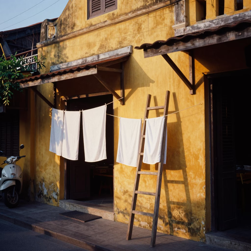 Early Evening Hoi An Street Scene with Drying Towels and Apricots in in Hoi An, Vietnam