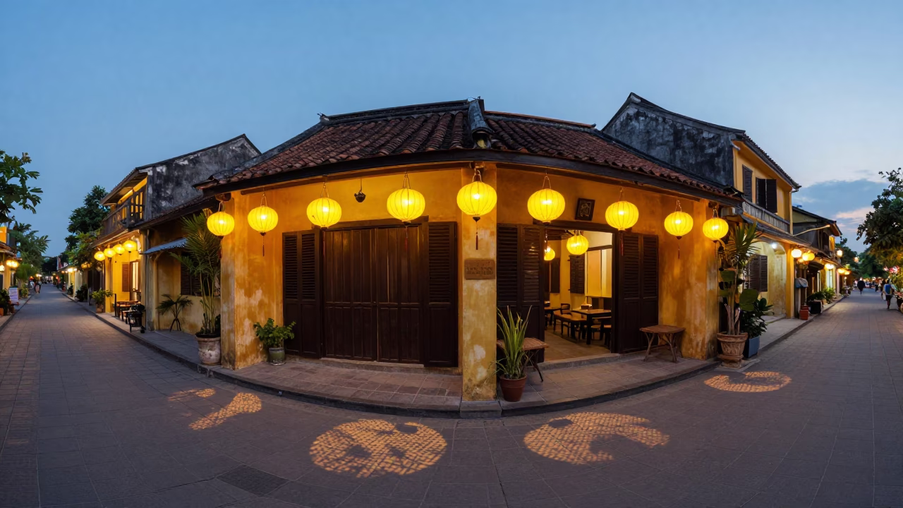 Early Evening Hoi An Vietnam Street Scene with Wicker Shadows and Traditional Lanterns in in Hoi An, Vietnam