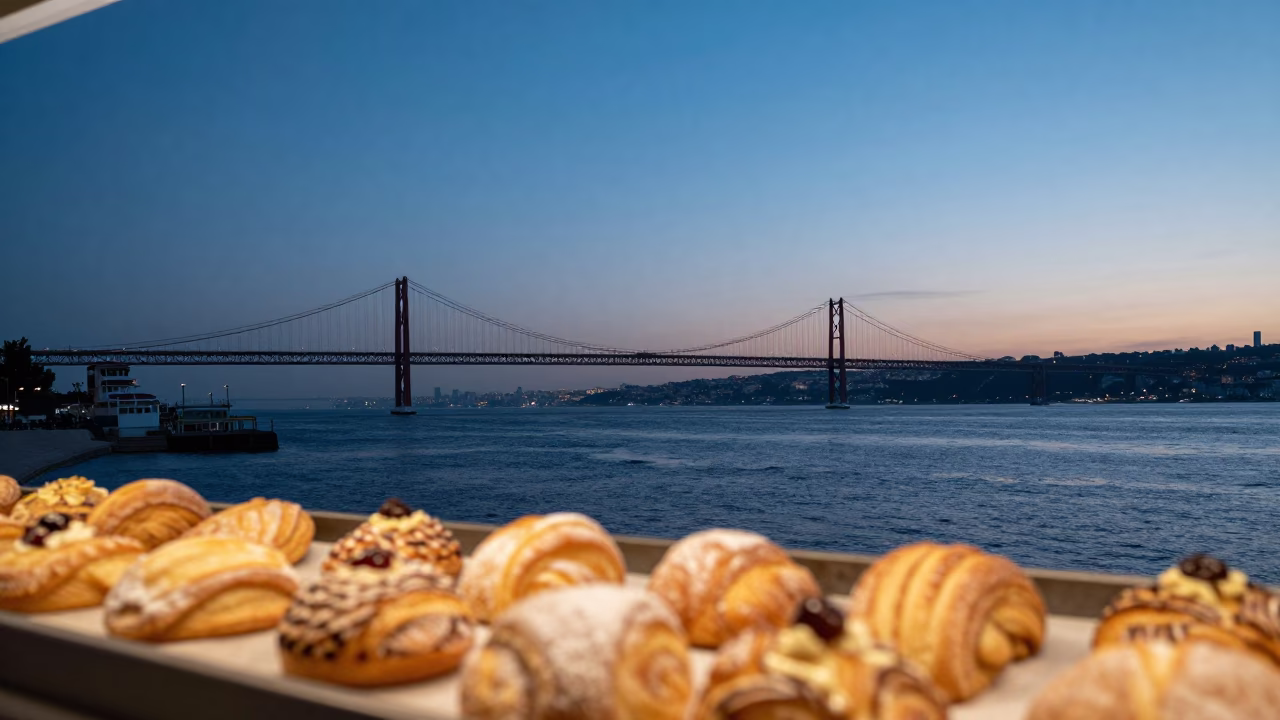 Early Evening Horizon View of Lisbon Portugal Pastries and Blue Porcelain Plate in in Lisbon, Portugal