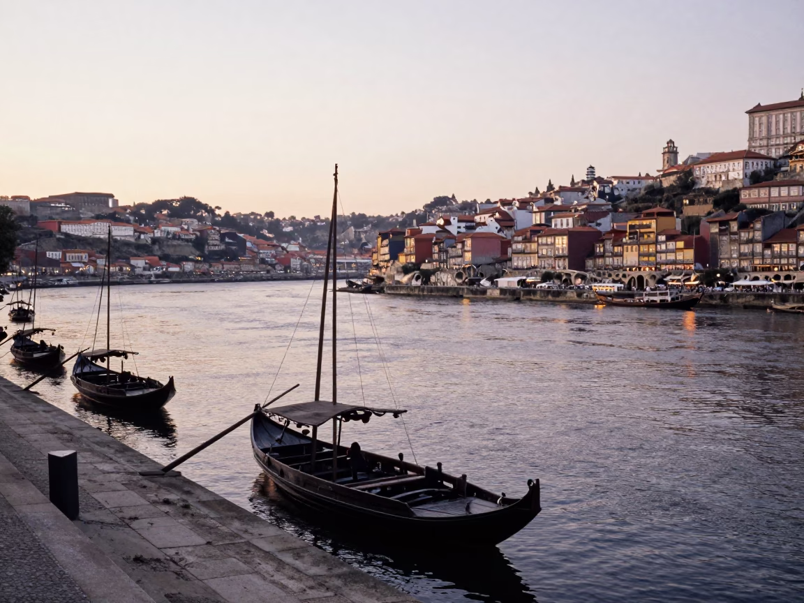 Early Evening Horizon View of Porto Portugal Douro River and Ribeira District Skyline in in Porto, Portugal