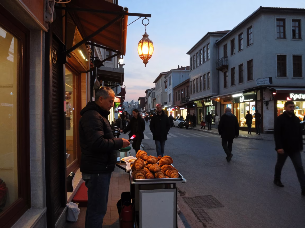 Early Evening Istanbul Street Scene with Lantern and Croissants in in Istanbul, Turkey