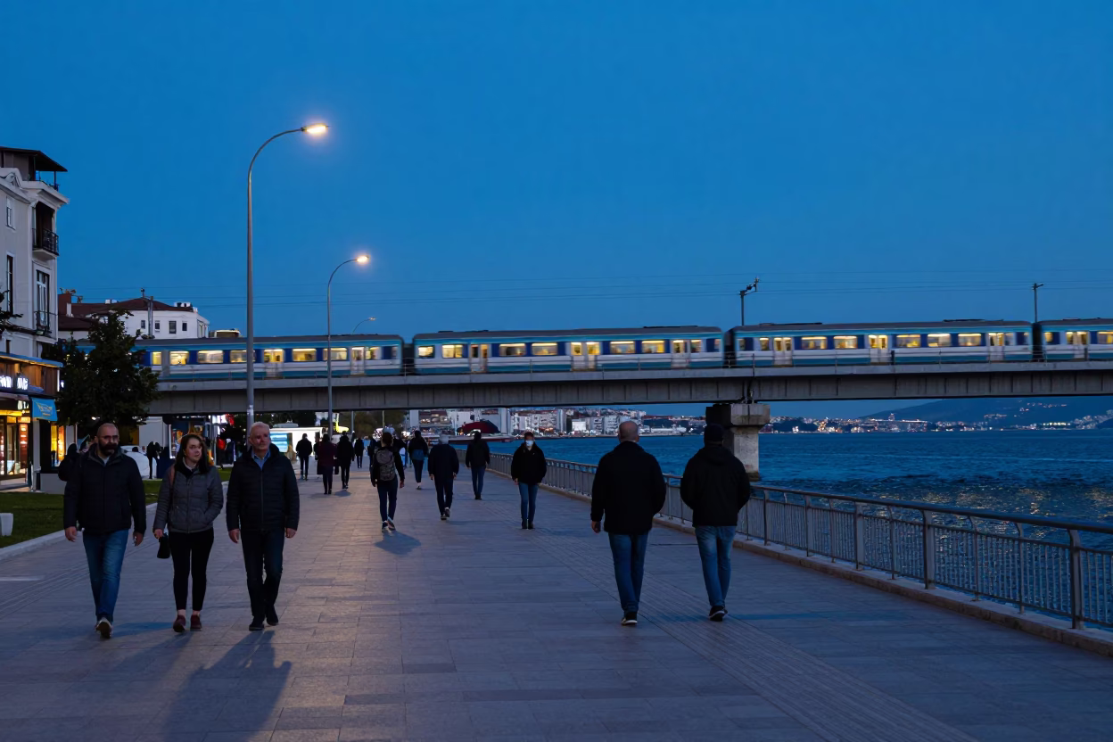 Early Evening Izmir Street Scene with Commuter Train Crossing Bridge at Blue Hour in in Izmir, Turkey