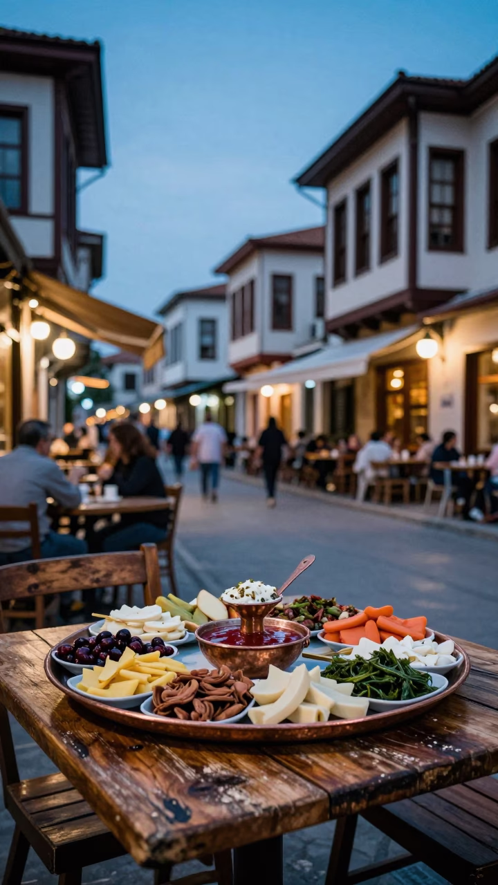 Early Evening Izmir Street Scene with Mezze Spread and Monorail in Background in in Izmir, Turkey