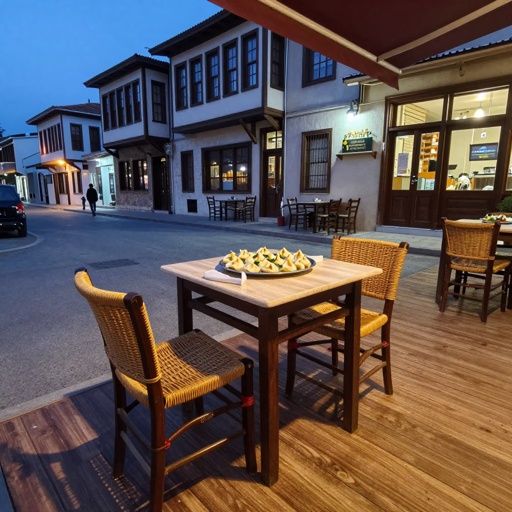 Early Evening Izmir Street Scene with Turkish Manti and Wicker Shadows in in Izmir, Turkey
