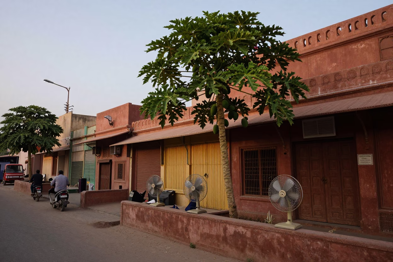 Early Evening Jaipur Street Scene with Papaya Tree and Table Fans in in Jaipur, India