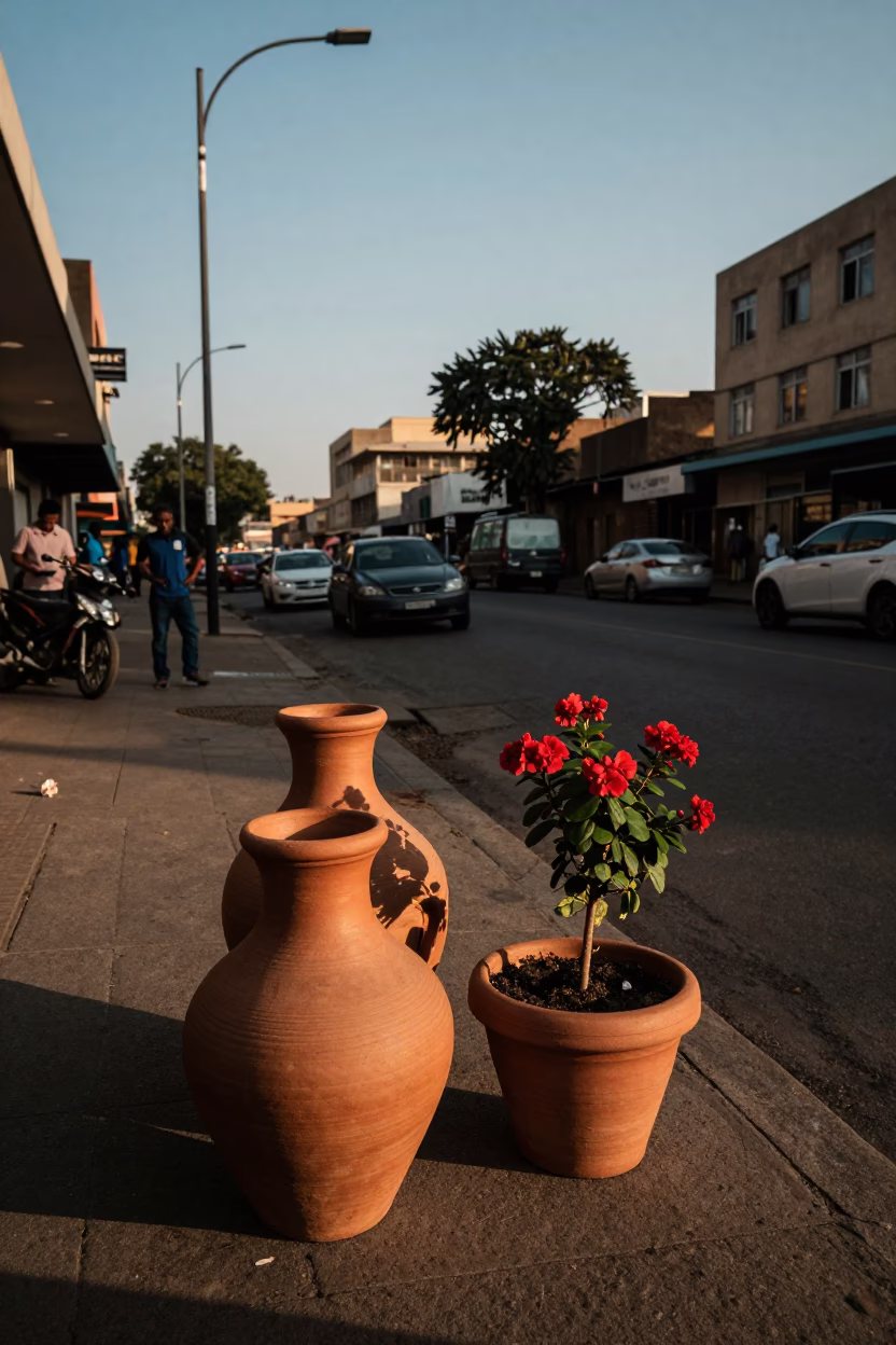 Early Evening Johannesburg Street Scene with Clay Pots and Flowering Plant in in Johannesburg, South Africa
