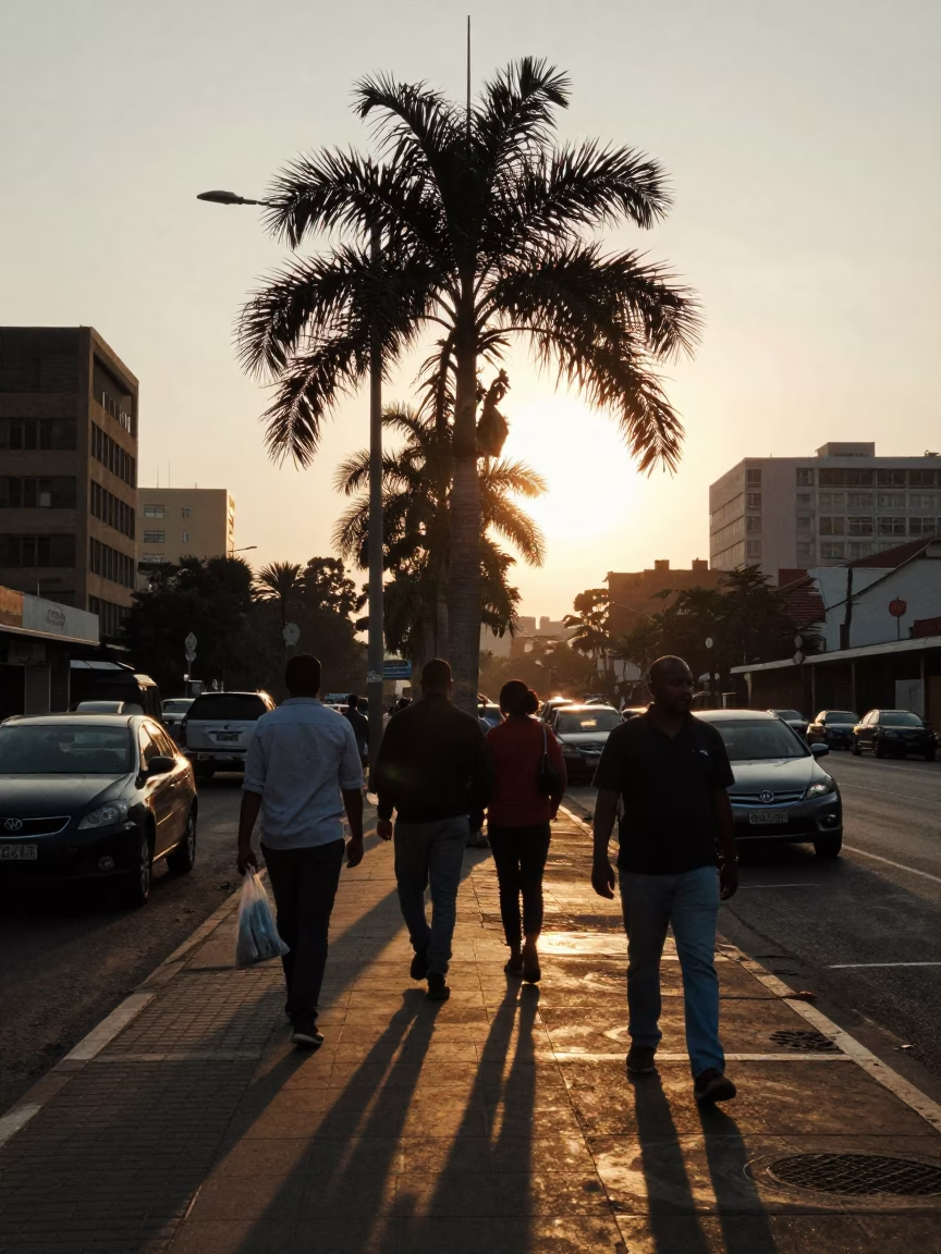 Early Evening Johannesburg Street Scene with Palm Silhouette and Local Life in in Johannesburg, South Africa