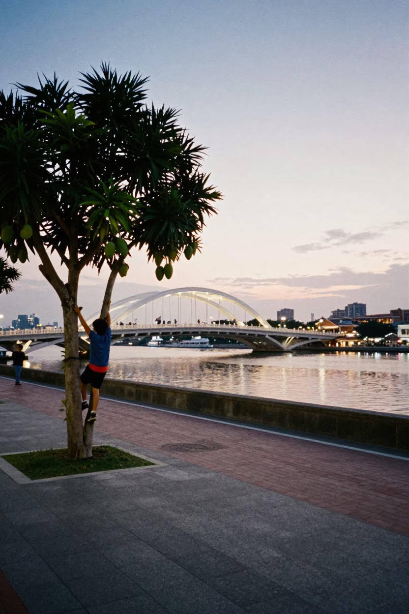 Early Evening Kaohsiung Street Scene with Moon Bridge and Local Life in in Kaohsiung, Taiwan