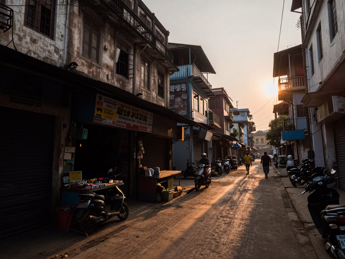 Early Evening Kolkata Street Scene with Sun Stripe and Rattan Stool in in Kolkata, India