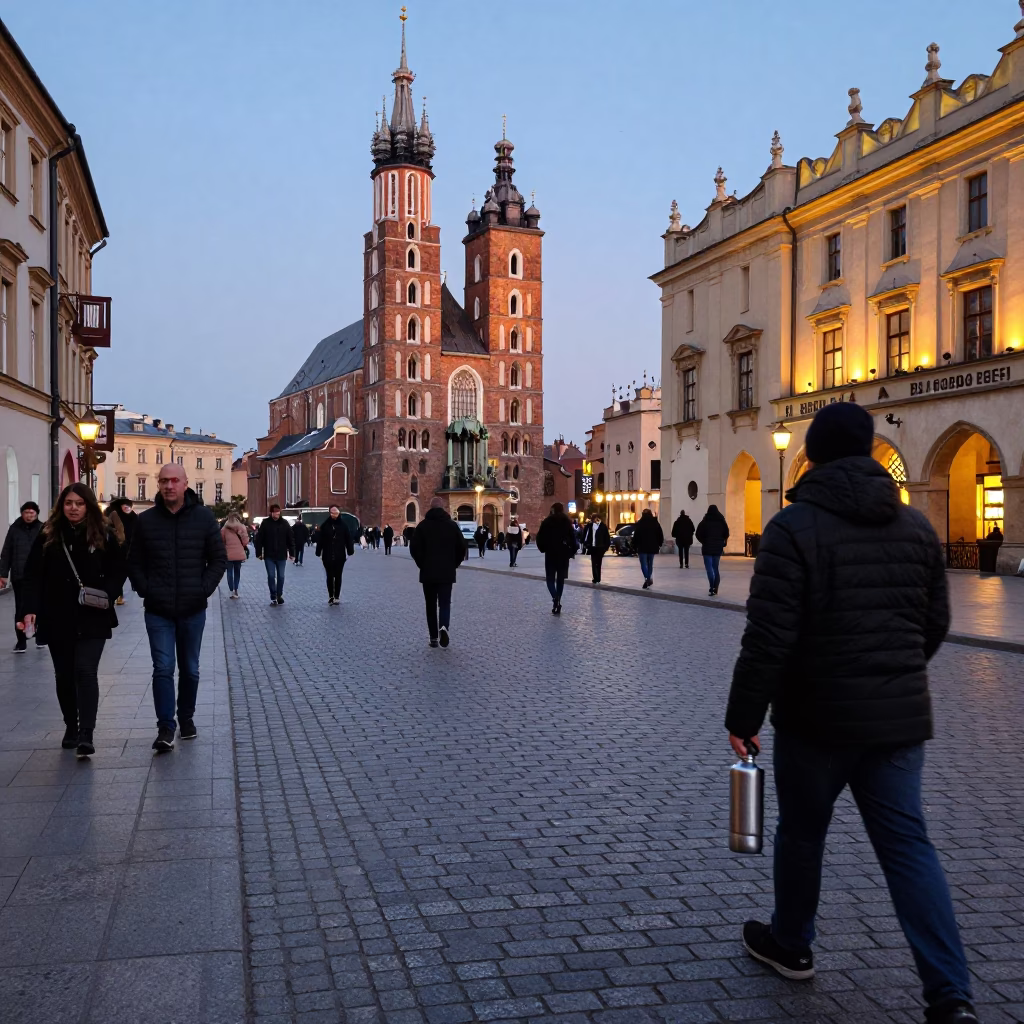 Early Evening Krakow Street Scene with Condensation on Handle and Urban Life in in Krakow, Poland