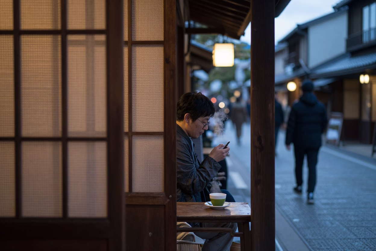 Early Evening Kyoto Street Scene with Steaming Genmaicha and Woven Cane Light in in Kyoto, Japan