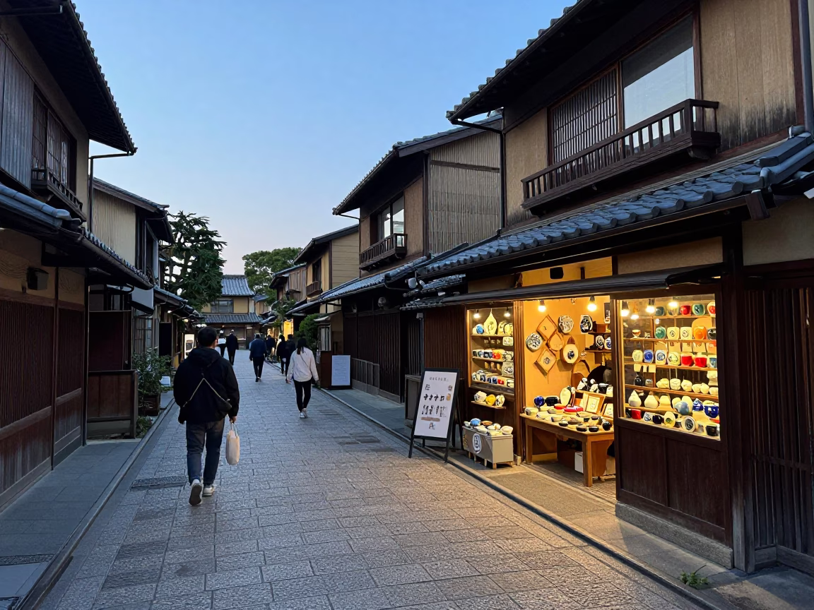 Early Evening Kyoto Street Scene with Traditional Architecture and Local Life in in Kyoto, Japan