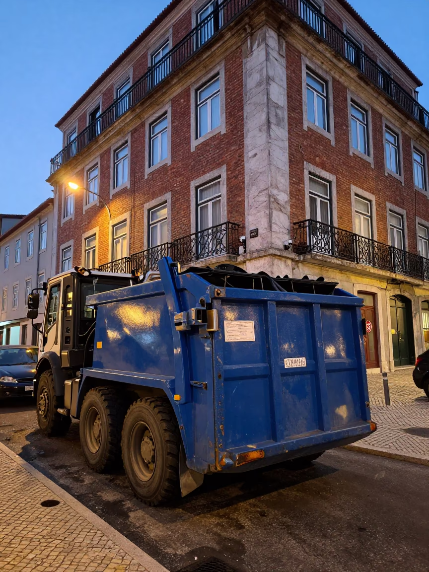 Early Evening Lisbon Street Scene with Demolition Dumpster and Traditional Architecture in in Lisbon, Portugal