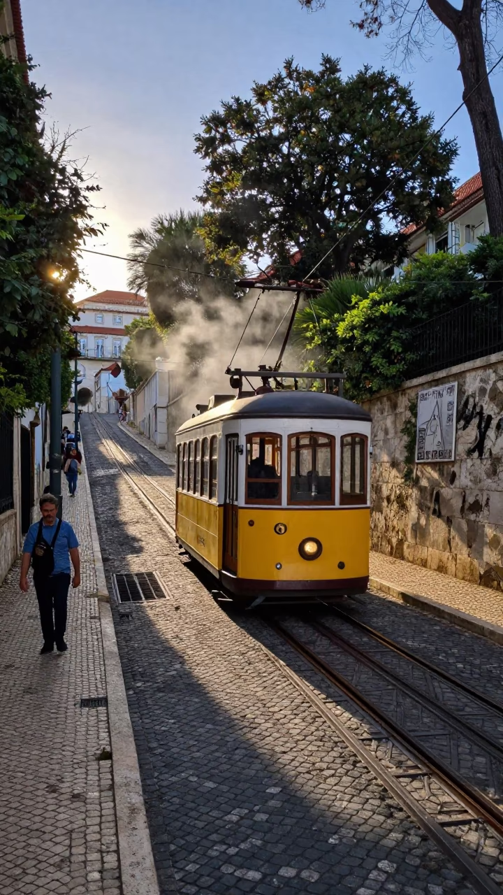 Early Evening Lisbon Street Scene with Funicular and Condensation on Window Sill in in Lisbon, Portugal