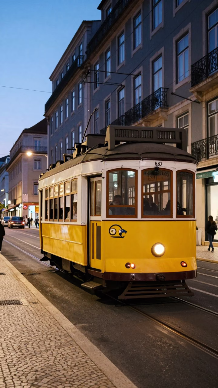Early Evening Lisbon Street Scene with Tram 28 and Art Deco Architecture in in Lisbon, Portugal