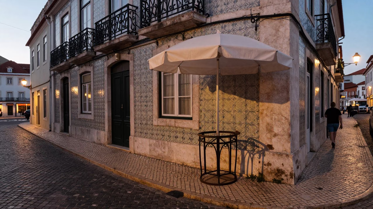 Early Evening Lisbon Street Scene with Umbrella Stand and Tram in in Lisbon, Portugal