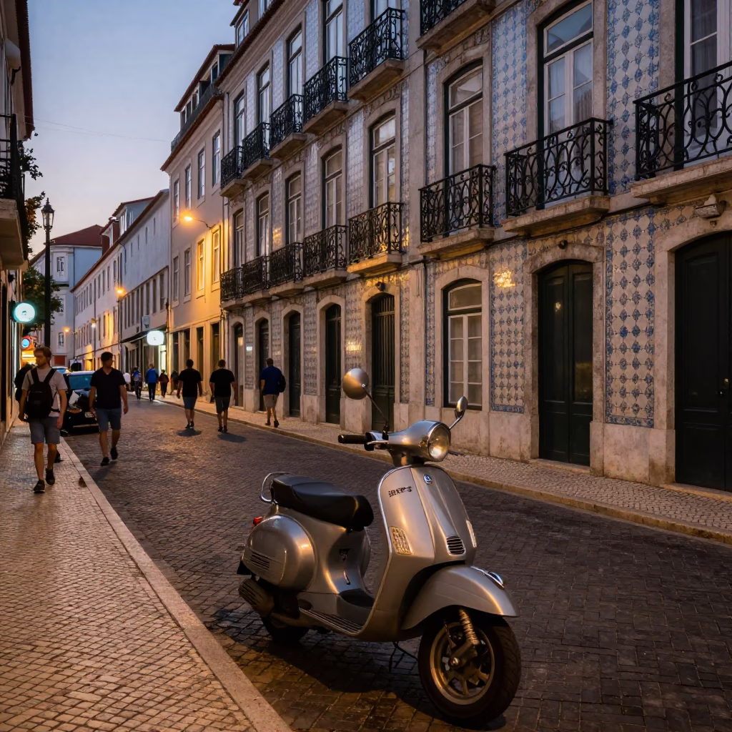 Early Evening Lisbon Street Scene with Vintage Scooter and Traditional Azulejo Architecture in in Lisbon, Portugal