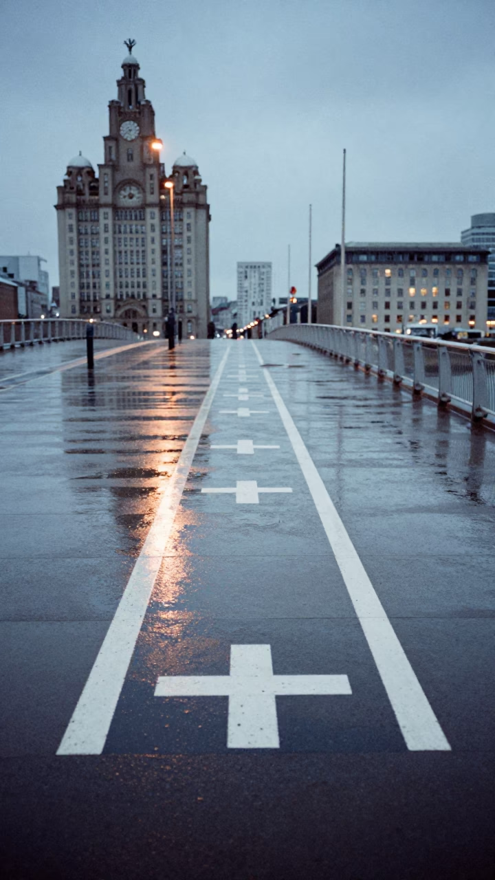 Early Evening Liverpool Harbor Drizzle on Drawbridge Deck Markings and Steel Rail in in Liverpool, United Kingdom