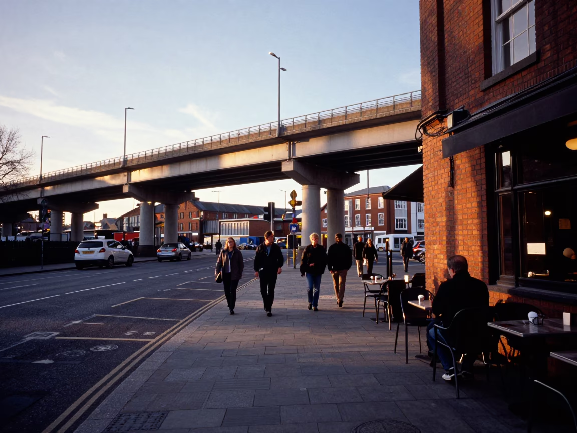 Early Evening Liverpool Street Scene with Highway Flyover and Urban Details in in Liverpool, United Kingdom